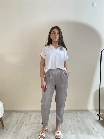 Flamalı Keten Duble Paça Pantolon Gri Renk