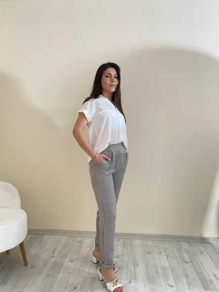 Flamalı Keten Duble Paça Pantolon Gri Renk - 3