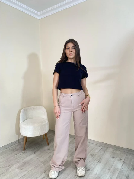 Yüksek Bel Düz Paça Gabardin Pantolon Koyu Taş Rengi - 1