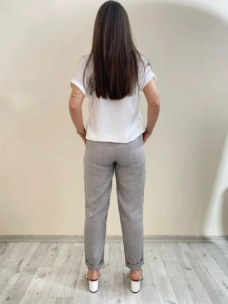 Flamalı Keten Duble Paça Pantolon Gri Renk - 2