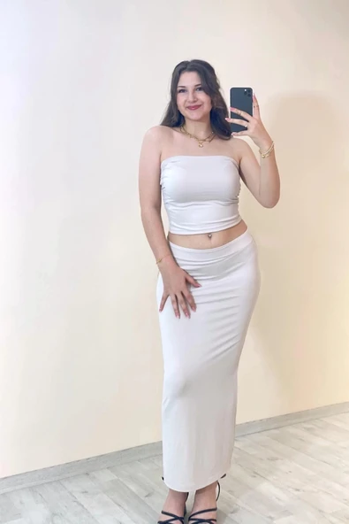 Bandeau Bustier & Maxi Etek Takım Beyaz - 1