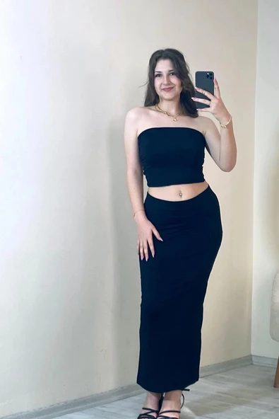 Bandeau Bustier & Maxi Etek Takım Siyah - 1