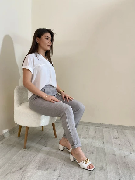 Flamalı Keten Duble Paça Pantolon Gri Renk - 4