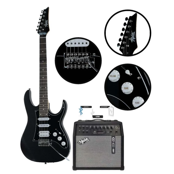 Midex RPH-320BK-50AMP Siyah Renk Super Strat Kasa HSS 50W Amfili Elektro Gitar Seti - 2