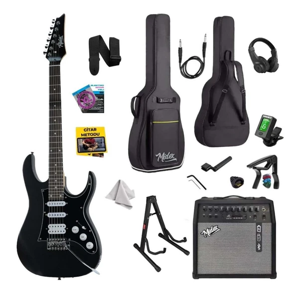 Midex RPH-320BK-50AMP Siyah Renk Super Strat Kasa HSS 50W Amfili Elektro Gitar Seti