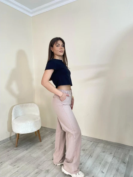 Yüksek Bel Düz Paça Gabardin Pantolon Koyu Taş Rengi - 2