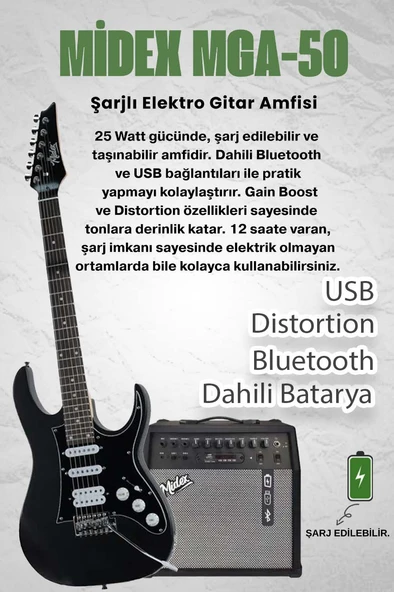 Midex RPH-320BK-50AMP Siyah Renk Super Strat Kasa HSS 50W Amfili Elektro Gitar Seti - 4