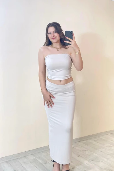 Bandeau Bustier & Maxi Etek Takım Beyaz - 4
