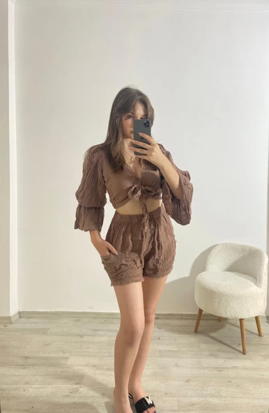 Büzgülü Crop Ve Şort İkili Yazlık Takım Camel - 3