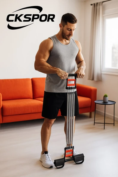 El Ayak Göğüs Yayı – 5 Çelik Yaylı Çok Fonksiyonlu Fitness ve Evde Spor Egzersiz Aleti - 6