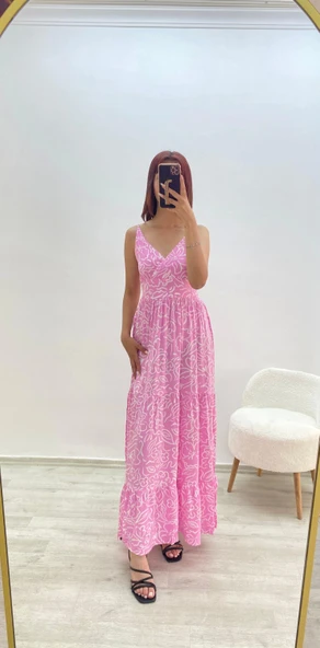 Askılı Belmando Desenli İp Askılı Elbise Pembe - 4