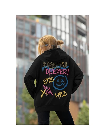 Breath Deeper ! Yazılı Unisex Oversize Tasarım Hoodie - Resim 3