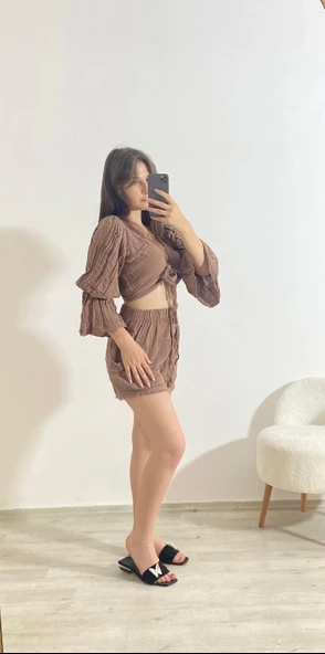 Büzgülü Crop Ve Şort İkili Yazlık Takım Camel - 1