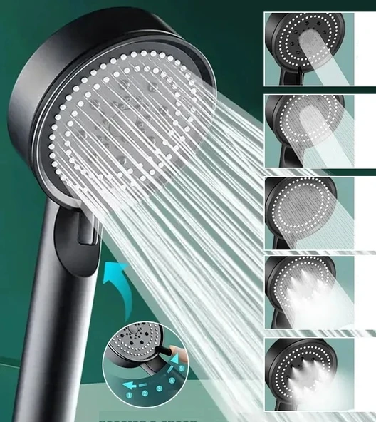 5 Modlu Duş Başlığı Tasarruflu Masaj Etkisi Banyo Duş Başlığı Siyah - Resim 2