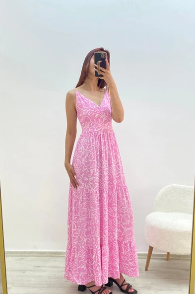 Askılı Belmando Desenli İp Askılı Elbise Pembe - 1
