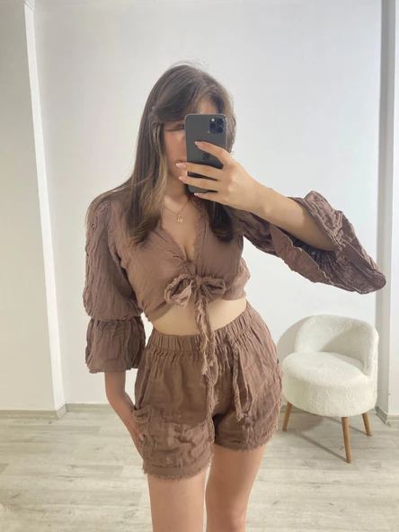 Büzgülü Crop Ve Şort İkili Yazlık Takım Camel - 4