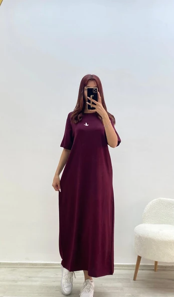 Kuş Baskılı Elbise Bordo - 1