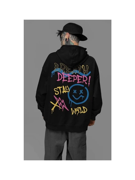 Breath Deeper ! Yazılı Unisex Oversize Tasarım Hoodie - Resim 2