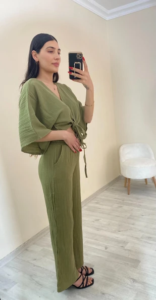 Haki Müslin İkili Takım – Bağlamalı Crop Üst & Yüksek Bel Pantolon Haki - 3