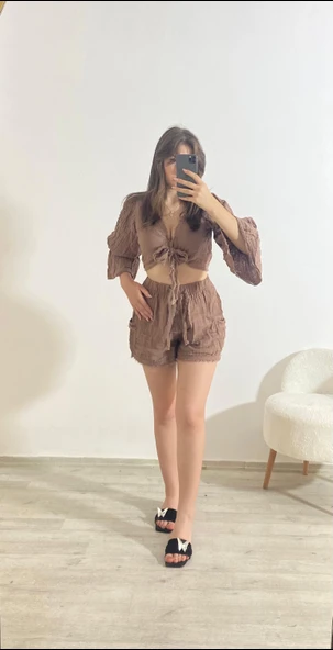 Büzgülü Crop Ve Şort İkili Yazlık Takım Camel - 2