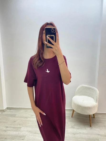 Kuş Baskılı Elbise Bordo - 5
