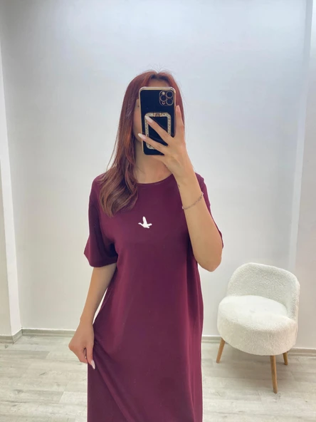 Kuş Baskılı Elbise Bordo - 4