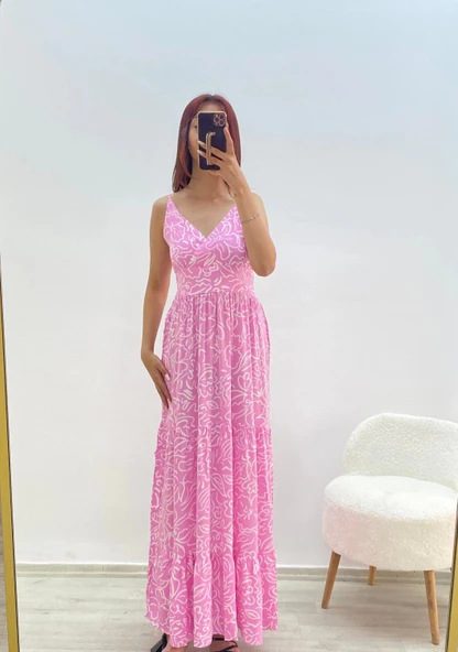 Askılı Belmando Desenli İp Askılı Elbise Pembe - 2