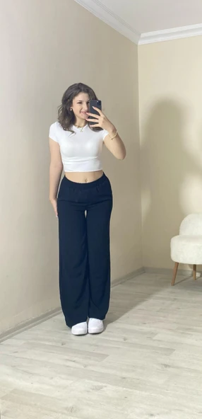 Yüksek Bel Beli Lastikli Bol Paça Pantolon – Siyah - 1