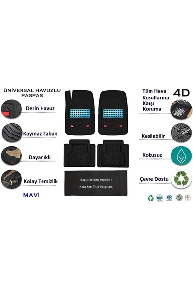 Beka52 Dacia Duster 2 WD (4x4) 2014 4D Havuzlu Yeni Nesil Universal Paspas Mavi - 3