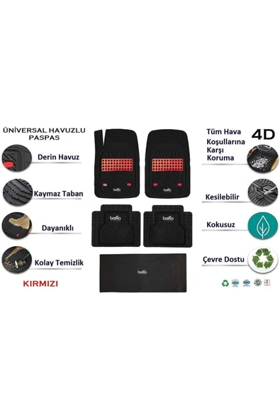 Beka52 Seat Ibiza Hb 2007 4d Havuzlu Yeni Nesil Universal uyumlu   Paspas Kırmızı - 3