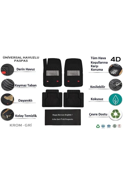 Beka52 Peugeot Bipper 2010 4d Uyumlu Havuzlu Yeni Nesil Universal Paspas Krom Gri - Resim 2