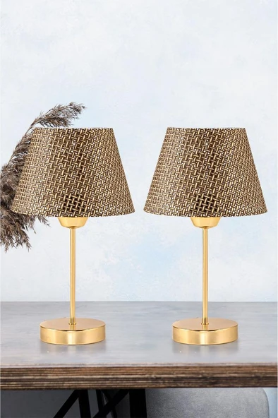Star Gold Ayaklı Abajur Kahverengi Hasır Başlık Yatak Odası Salon Masa Lambası 2 Adet ürün görseli