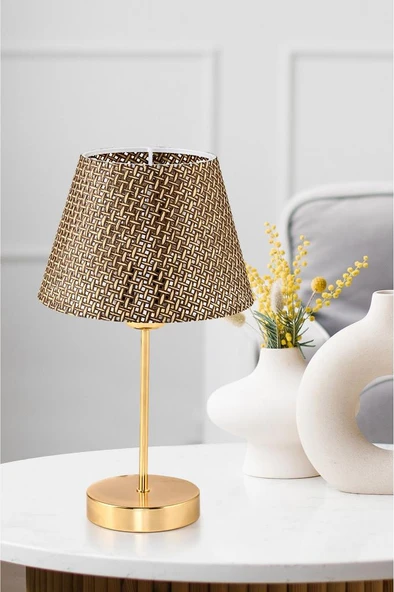 Star Gold Ayaklı Abajur Kahverengi Hasır Başlık Yatak Odası Salon Masa Lambası 2 Adet - Resim 4