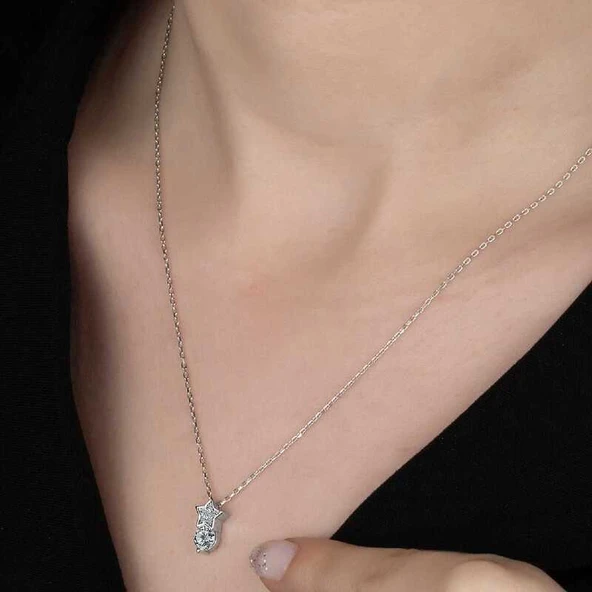 Swarovski Taşlı Gümüş Yıldız Tektaş Bayan Kolye - Resim 2