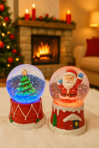 2 Adet Led Işıklı Mini Kar Küresi 6,5 cm – Noel Baba & Yılbaşı Çam Ağacı Dekoratif Işıklı Biblo - 1
