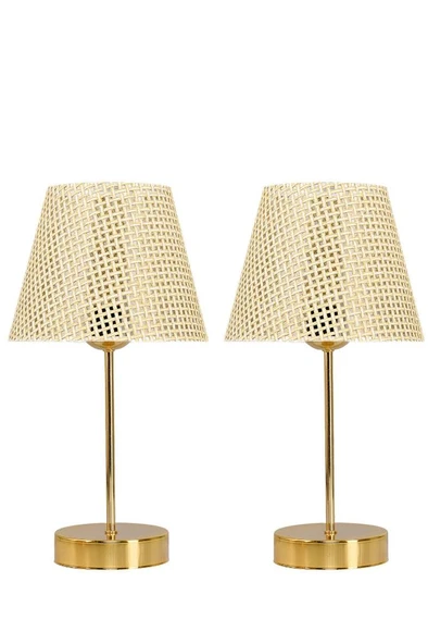 Star Gold Ayaklı Abajur Rattan Hasır Başlık Yatak Odası Salon Masa Lambası 2 Adet ürün görseli