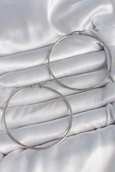 316 Çelik Gümüş Renk 63 mm Halka Model Kadın Küpe ürün görseli 1