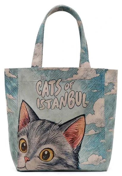 Kadın Vegan Mavi Large Tote Bag - Galata Cat Tasarım - 2