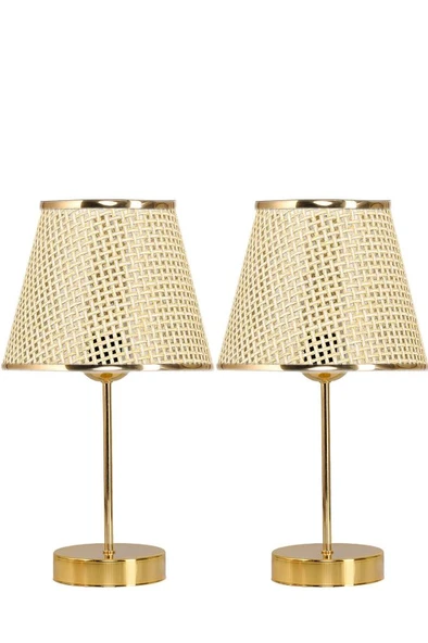 Star Gold Ayaklı Abajur Altın Şeritli Hasır Başlık Yatak Odası Salon Masa Lambası 2 Adet ürün görseli