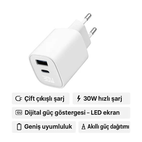 Dijital Göstergeli 30W USB-C + USB-A GaN Hızlı Şarj Adaptörü Seyahat Dostu, Ultra Güvenli - 2