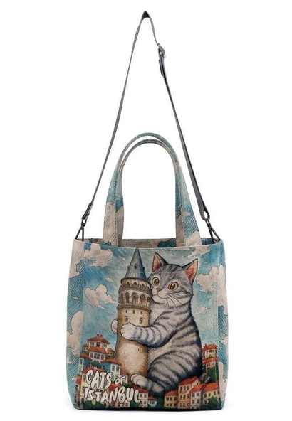 Kadın Vegan Mavi Large Tote Bag - Galata Cat Tasarım - 3