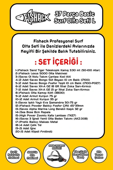 Fishack 37 Parça Surf Basic Deniz Olta Seti L - 3.30MT / 50-100GR - 2