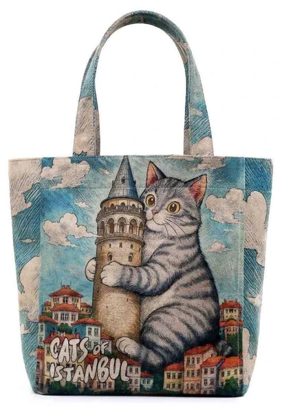 Kadın Vegan Mavi Large Tote Bag - Galata Cat Tasarım - 1