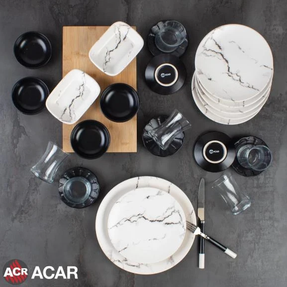 Acar 25 Parça Stoneware Majori Siyah Beyaz Kahvaltı Takımı 10455