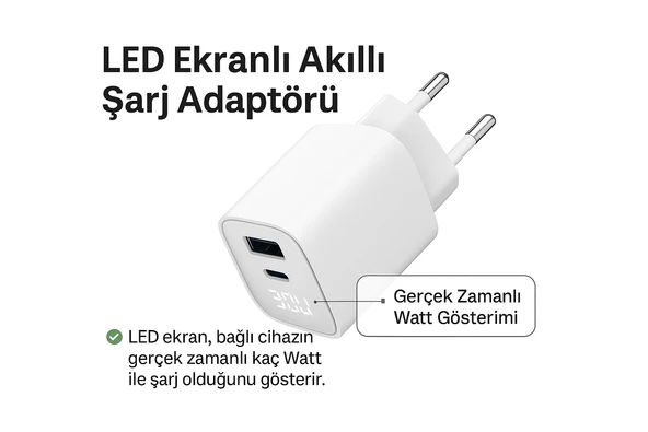 Dijital Göstergeli 30W USB-C + USB-A GaN Hızlı Şarj Adaptörü Seyahat Dostu, Ultra Güvenli