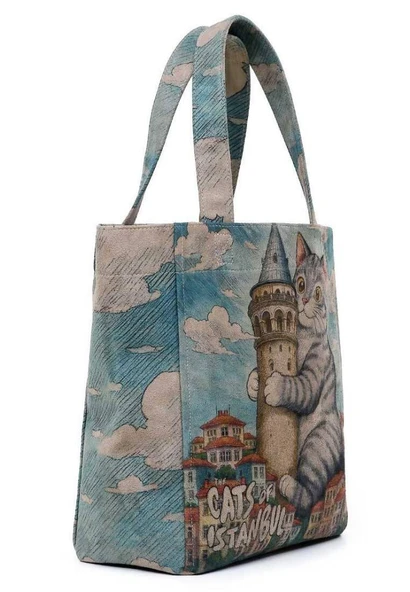 Kadın Vegan Mavi Large Tote Bag - Galata Cat Tasarım - 4