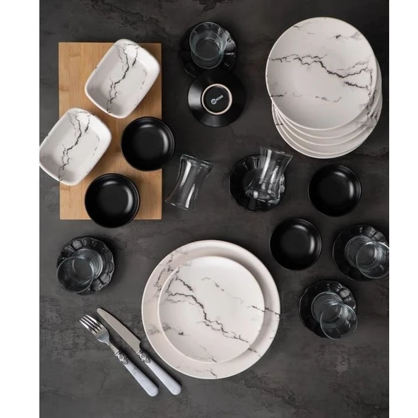 Acar 25 Parça Stoneware Majori Siyah Beyaz Kahvaltı Takımı 10455 - 2