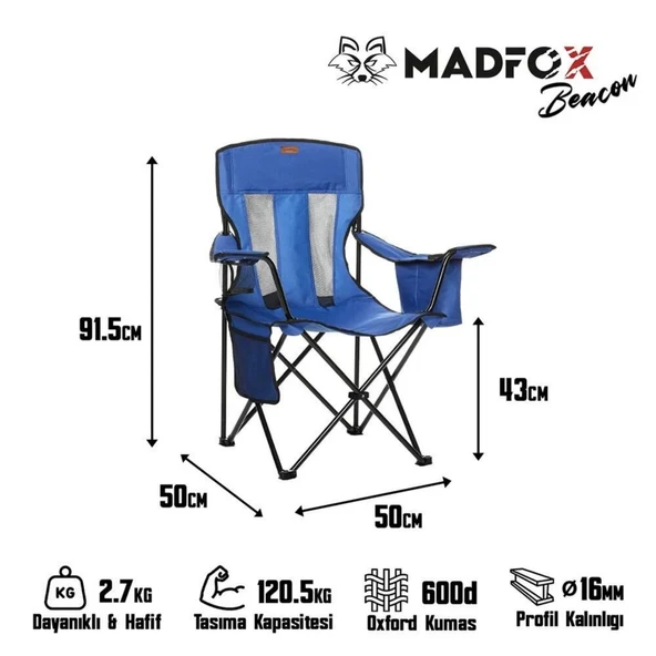 Katlanır Kamp Piknik Sandalyesi - Madfox Beacon - Bardaklıklı - Mavi - 547286 - Taşıma Çantalı - Resim 3