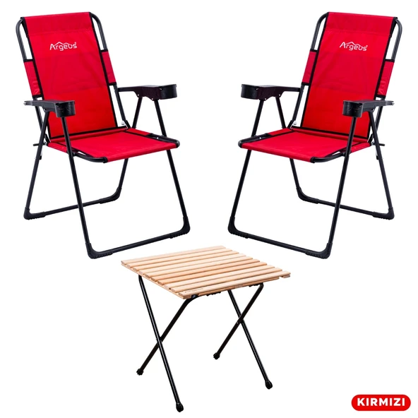 2 Adet Katlanır Kamp Sandalyesi ve Masa Seti - Rest - Kırmızı - 130 KG Taşıma