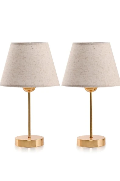 Star Gold Ayaklı Abajur Keten Krem Kumaş Başlık Yatak Odası Salon Masa Lambası 2 Adet